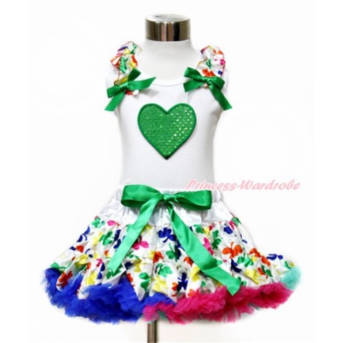 Valentine's Day White Tank Top with Rainbow Clover Ruffles & Kelly Green Bow with Sparkle Kelly Green Heart Print & Rainbow Clover Pettiskirt MG1083 