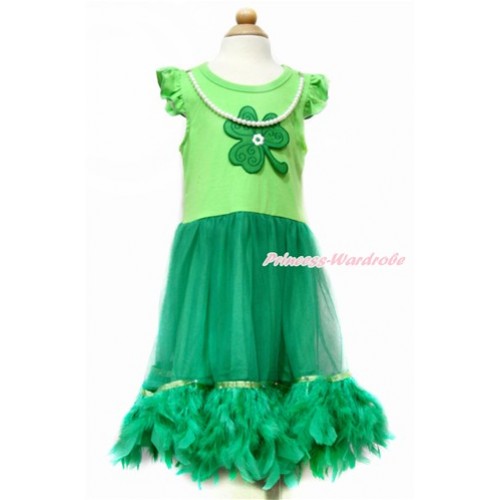 St Patrick's Day Little White Wing with Kelly Green Pearl ONE-PIECE Petti Dress & Clover Print with Kelly Green Posh Feather LP40 