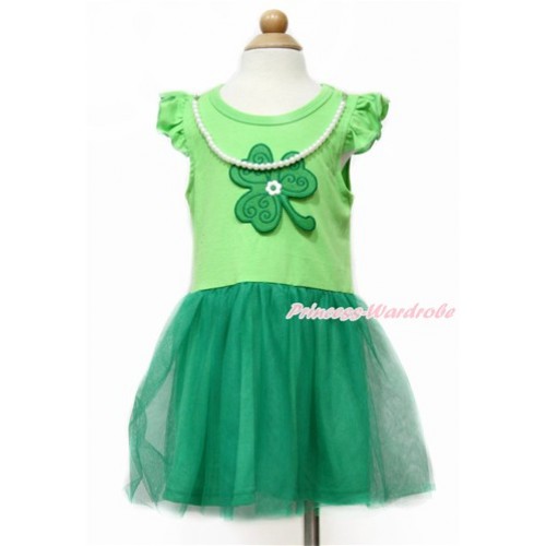 St Patrick's Day Little White Wing with Kelly Green Pearl Party Dress & Clover Print PD045 
