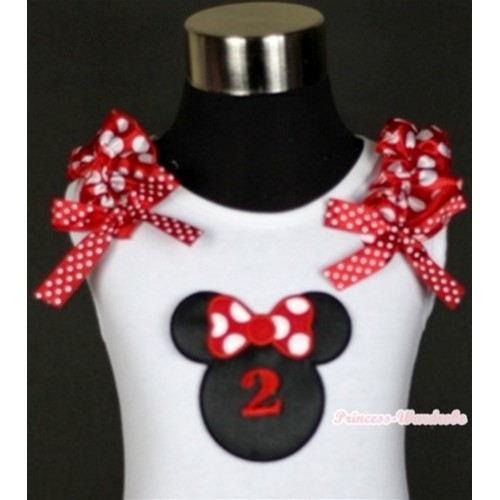 White Tank Top With 2nd Birthday Number Minnie Print with Minnie Dots Ruffles & Minnie Dots Bow TB318 