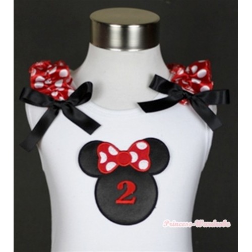 White Tank Top With 2nd Birthday Numer Minnie Print with Minnie Dots Ruffles & Black Bow TB324 