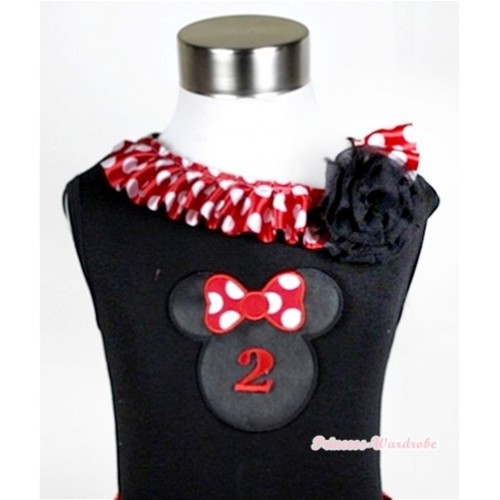 Black Tank Tops with 2nd Birthday Number Minnie Print with Minnie Dots Satin Lacing & One Black Rose TB337 