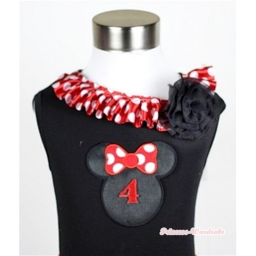 Black Tank Tops with 4th Birthday Number Minnie Print with Minnie Dots Satin Lacing & One Black Rose TB339 