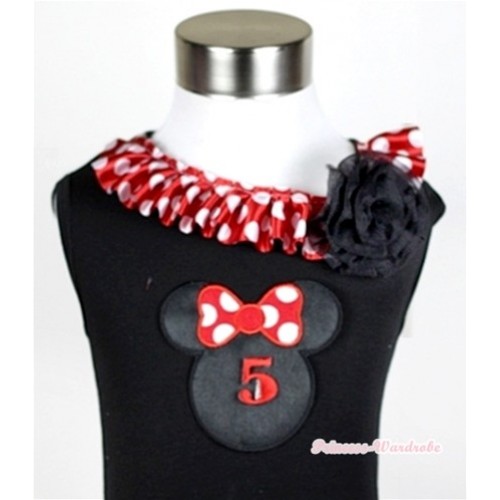 Black Tank Tops with 5th Birthday Number Minnie Print with Minnie Dots Satin Lacing & One Black Rose TB340 