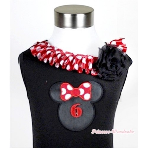 Black Tank Tops with 6th Birthday Number Minnie Print with Minnie Dots Satin Lacing & One Black Rose TB341 