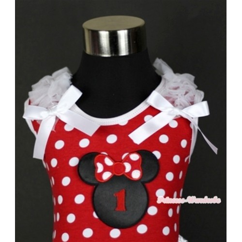 Minnie Dots Tank Top With 1st Birthday Number Minnie Print with White Ruffles & White Bow TP138 