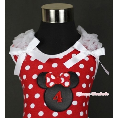 Minnie Dots Tank Top With 4th Birthday Number Minnie Print with White Ruffles & White Bow TP141 