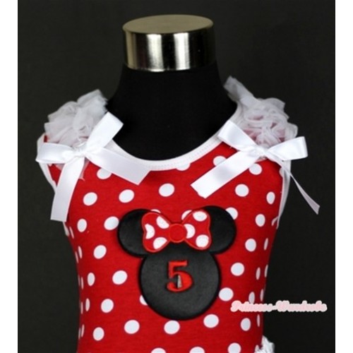 Minnie Dots Tank Top With 5th Birthday Number Minnie Print with White Ruffles & White Bow TP142 