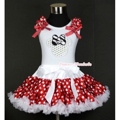 White Tank Top with White Minnie Print with Minnie Dots Ruffles & Minnie Dots Bow & White Minnie Polka Dots Pettiskirt MG416 