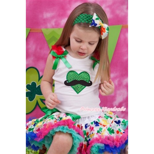 Valentine's Day White Tank Top with Red Ruffles & Kelly Green Bow with Mustache Sparkle Kelly Green Heart Print & Rainbow Clover Pettiskirt MG1084 