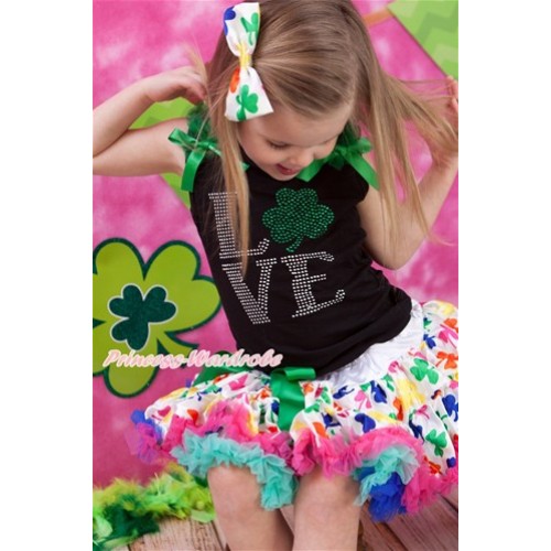 St Patrick's Day Black Tank Top with Kelly Green Ruffles & Kelly Green Bow with Sparkle Crystal Bling Rhinestone Love Clover Print & Rainbow Clover Pettiskirt MG1085 