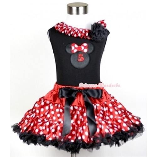Black Tank Top with 5th Birthday Number Minnie Print with Minnie Dots Satin Lacing & One Black Rose With Minnie Polka Dots Pettiskirt MG209 