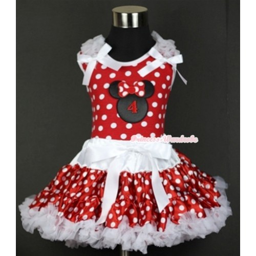 Minnie Dots Tank Top with 4th Birthday Number Minnie Print with White Ruffles & White Bow & White Minnie Polka Dots Pettiskirt MH071 