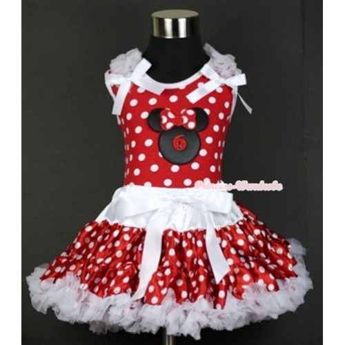 Minnie Dots Tank Top with 6th Birthday Number Minnie Print with White Ruffles & White Bow & White Minnie Polka Dots Pettiskirt MH073 
