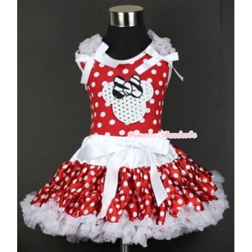 Minnie Dots Tank Top with Sparkle White Minnie Print with White Ruffles & White Bow & White Minnie Polka Dots Pettiskirt MH074 