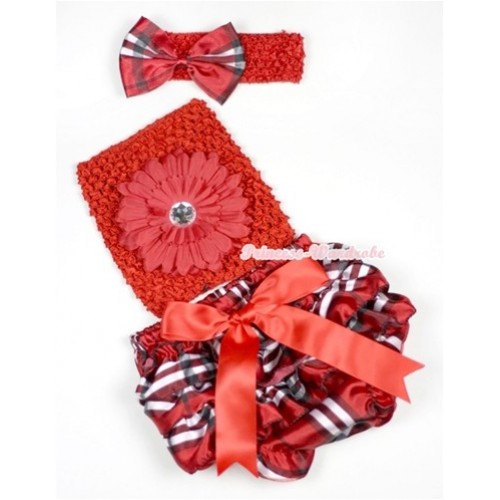 Red Big Bow Red Black Checked Satin Panties Bloomer with Red Flower Red Crochet Tube Top With Red Headband Red Black Checked Satin Bow 3PC Set CT522 