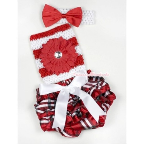 White Big Bow Red Black Checked Satin Panties Bloomer with Red Flower Red White Striped Crochet Tube Top With White Headband Red Satin Bow 3PC Set CT525 