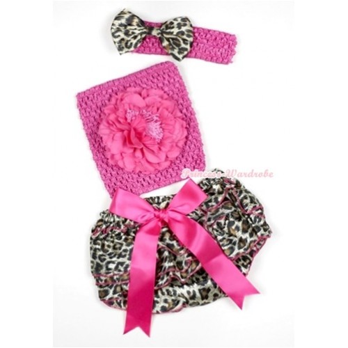 Hot Pink Big Bow Hot Pink Leopard Satin Panties Bloomer with Hot Pink Peony Hot Pink Crochet Tube Top With Hot Pink Headband Leopard Satin Bow 3PC Set CT526 