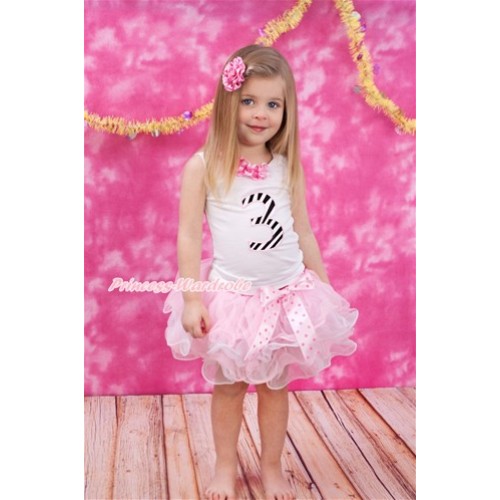 White Tank Top With Hot Pink White Dots White Lacing & 3rd Zebra Birthday Number Print with Light Hot Pink Dots Bow Hot Pink White Dots Waist Light Pink White Petal Pettiskirt MG1086 