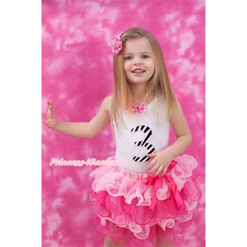 White Tank Top With Hot Pink White Dots White Lacing & 3rd Zebra Birthday Number Print with Hot Pink Bow Light Hot Pink Petal Pettiskirt MG1087 