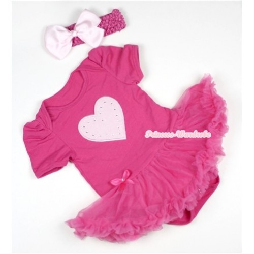 Hot Pink Baby Jumpsuit Hot Pink Pettiskirt With Light Pink Heart Print With Hot Pink Headband Light Pink Silk Bow JS383 