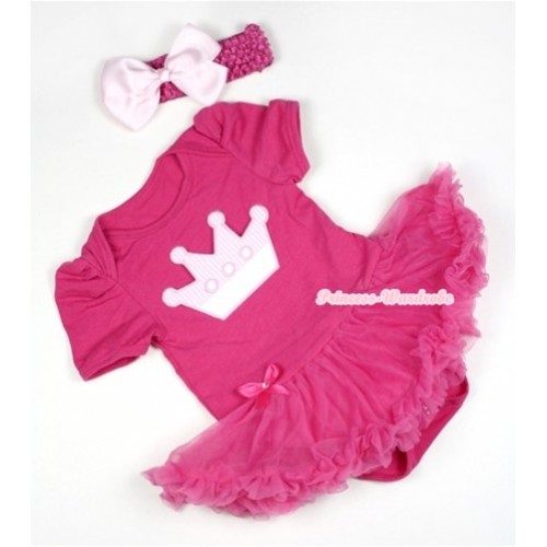 Hot Pink Baby Jumpsuit Hot Pink Pettiskirt With Crown Print With Hot Pink Headband Light Pink Silk Bow JS384 