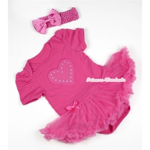 Hot Pink Baby Jumpsuit Hot Pink Pettiskirt With Hot Pink Heart Print With Hot Pink Headband Hot Pink Satin Bow JS385 