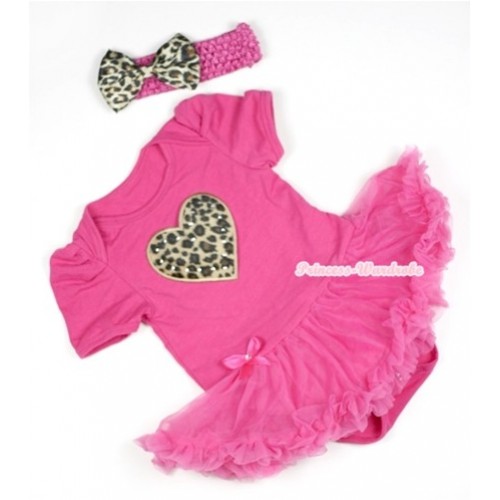 Hot Pink Baby Jumpsuit Hot Pink Pettiskirt With Leopard Heart Print With Hot Pink Headband Leopard Satin Bow JS387 