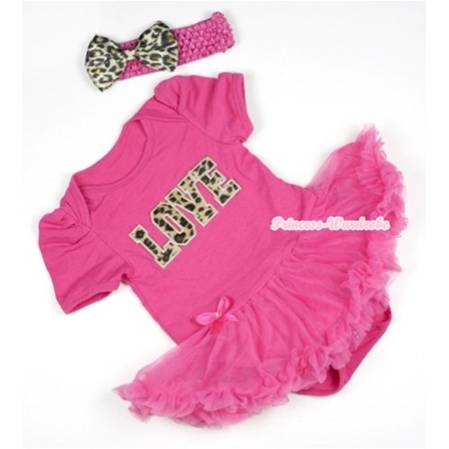 Hot Pink Baby Jumpsuit Hot Pink Pettiskirt With Leopard Love Print With Hot Pink Headband Leopard Satin Bow JS388 