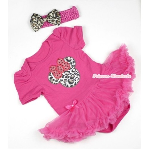 Hot Pink Baby Jumpsuit Hot Pink Pettiskirt With Leopard Minnie Print With Hot Pink Headband Leopard Satin Bow JS389 