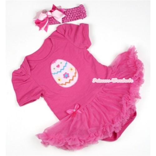 Hot Pink Baby Jumpsuit Hot Pink Pettiskirt With Easter Egg Print With Hot Pink Headband Hot Light Pink Screwed Ribbon Bow JS393 