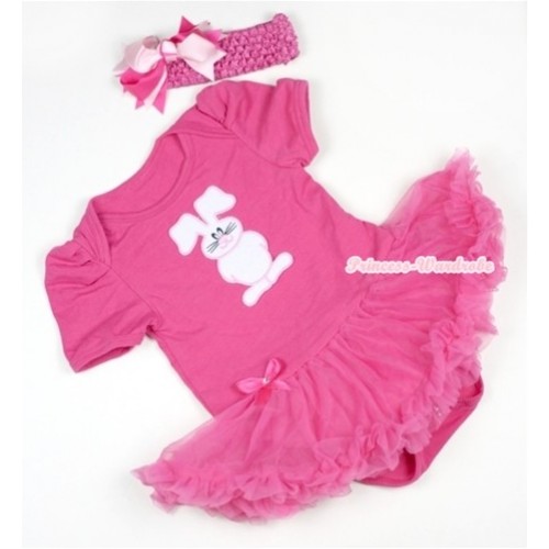 Hot Pink Baby Jumpsuit Hot Pink Pettiskirt With Bunny Rabbit Print With Hot Pink Headband Hot Light Pink Screwed Ribbon Bow JS394 