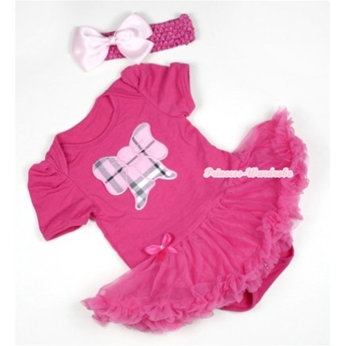 Hot Pink Baby Jumpsuit Hot Pink Pettiskirt With Light Pink Checked Butterfly Print With Hot Pink Headband Light Pink Silk Bow JS396 