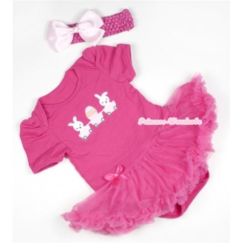 Hot Pink Baby Jumpsuit Hot Pink Pettiskirt With Bunny Rabbit Egg Print With Hot Pink Headband Light Pink Silk Bow JS397 