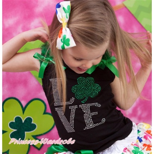 St Patrick's Day Black Tank Top With Kelly Green Ruffles & Bow & Sparkle Bling Rhinestone Love Clover Print TB696