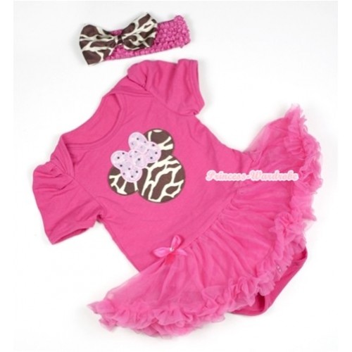 Hot Pink Baby Jumpsuit Hot Pink Pettiskirt With Brown Giraffe Minnie Print With Hot Pink Headband Giraffe Satin Bow JS391 