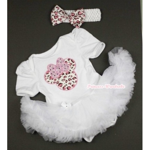 White Baby Jumpsuit White Pettiskirt With Light Pink Leopard Minnie Print With White Headband Light Pink Leopard Satin Bow JS400 