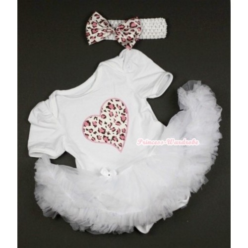 White Baby Jumpsuit White Pettiskirt With Light Pink Leopard Heart Print With White Headband Light Pink Leopard Satin Bow JS401 