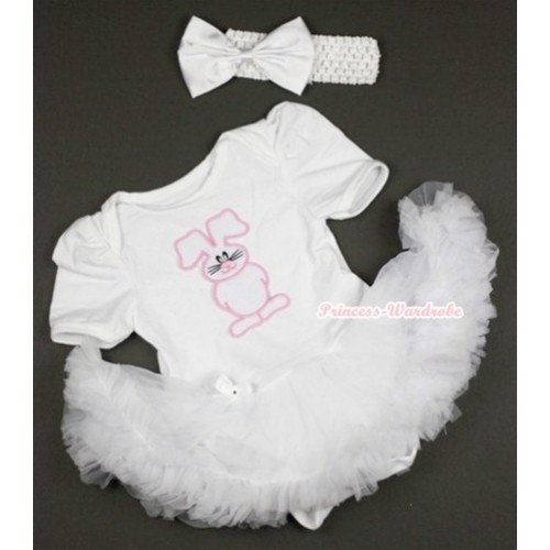 White Baby Jumpsuit White Pettiskirt With Bunny Rabbit Print With White Headband White Satin Bow JS403 