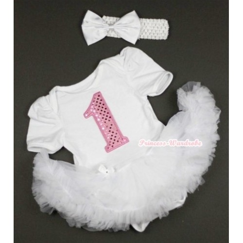 White Baby Jumpsuit White Pettiskirt With 1st Sparkle Light Pink Birthday Number Print With White Headband White Satin Bow JS406 