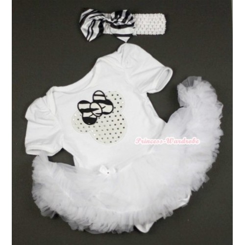 White Baby Jumpsuit White Pettiskirt With Sparkle White Minnie Print With White Headband Zebra Satin Bow JS408 