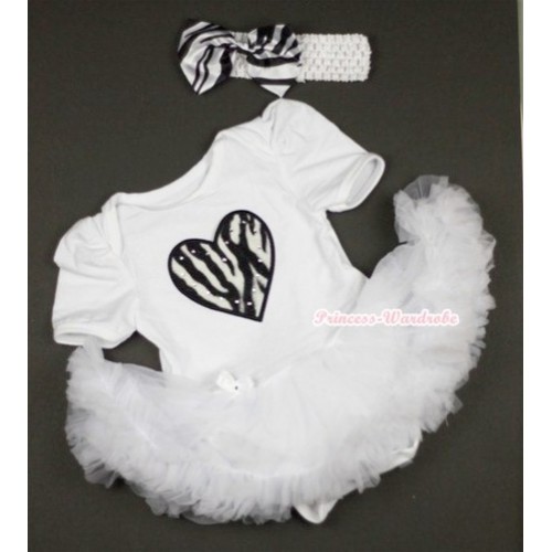 White Baby Jumpsuit White Pettiskirt With Zebra Heart Print With White Headband Zebra Satin Bow JS410 