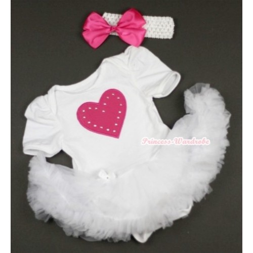 White Baby Jumpsuit White Pettiskirt With Hot Pink Heart Print With White Headband Hot Pink Silk Bow JS416 