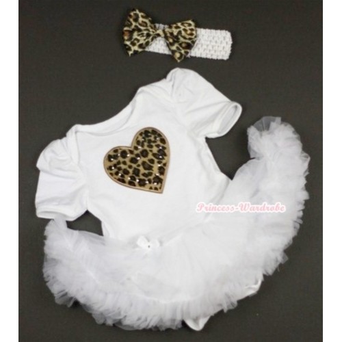 White Baby Jumpsuit White Pettiskirt With Leopard Heart Print With White Headband Leopard Satin Bow JS417 