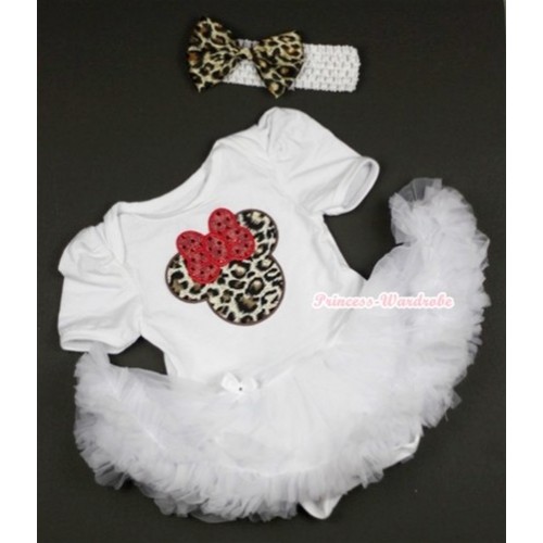 White Baby Jumpsuit White Pettiskirt With Leopard Minnie Print With White Headband Leopard Satin Bow JS418 