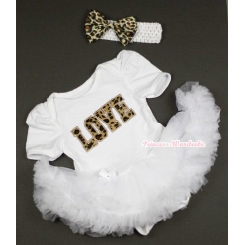 White Baby Jumpsuit White Pettiskirt With Leopard Love Print With White Headband Leopard Satin Bow JS419 