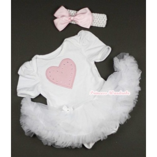 White Baby Jumpsuit White Pettiskirt With Light Pink Heart Print With White Headband Light Pink Silk Bow JS420 