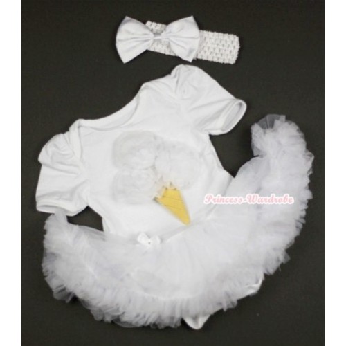 White Baby Jumpsuit White Pettiskirt With White Rosettes Ice Cream Print With White Headband White Satin Bow JS426 
