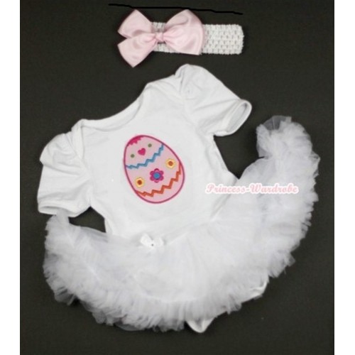 White Baby Jumpsuit White Pettiskirt With Easter Egg Print With White Headband Light Pink Silk Bow JS428 