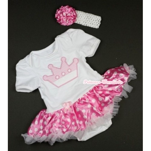 White Baby Jumpsuit Hot Pink White Dots Pettiskirt With Crown Print With White Headband Hot Pink White Dots Rose JS431 
